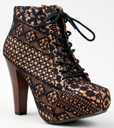Qupid PUFFIN-39 Floral Lace Fabric Platform Chunky High Heel Ankle Boot Booty