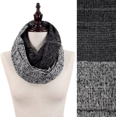 Womens Two-tone Color Black, Grey and White Block Marled Yarn Knitted Infinity Scarf. Approx. 15" W X 56" L. 100% Acrylic.
