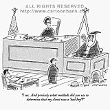 'Precisely what methods did you use to determine that my client was a bad boy?' Cartoon print by Mick Stevens, Published in The New Yorker on 12/28/1998