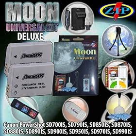 The Moon Universal Kit Basic for CANON PowerShot S100, SX230HS PowerShot SD850 IS, SD870 IS, SD880 IS, SD890 IS. Includes: 2 NB-5L 1200mAh Ultra High Capacity Batteries made with cells produced in JAPAN or USA, Table-Top Wire Tripod, 110/240 Mini Charger with fold out plug and a DC car adapter, SD/S