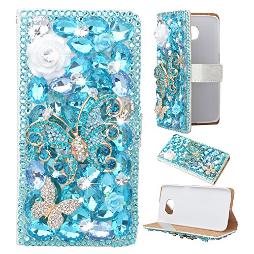 Evtech(tm) Butterfly Floral Rhinestone Bling Crystal Glitter Book Style Folio PU Leather Wallet Case with Handbag Phone Holder & Card Slots (Samsung Galaxy Note 5, Blue)