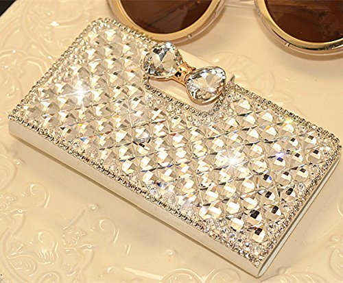 White Luxury 3D Fashion Bling Diamond Bow Bone PU Flip Wallet Leather Case Cover For Smart Mobile Phones (LG Optimus G2 D800 D801 D802 D803 VS980 F320, White)