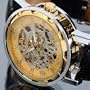 Vantasy Men's Luxury Gold Plated Stainless Steel Hand Wind Skeleton Analog Mechanical Black Leather Wrist Watch