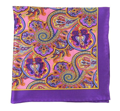 100% Printed Silk Wisteria and Hot Pink Bolstered Paisley Pocket Square