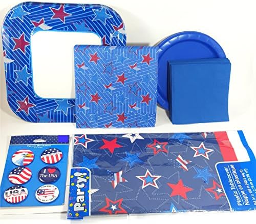 Patriotic Party Supplies Pack Stars and Stripes - Plates, Napkins, Tablecover and Patriotic Buttons ( Serves 14 Guests)