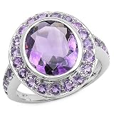 5.60 Carat Genuine Amethyst Oval & Rounds Silver Ring
