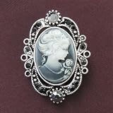 Oval Black Gray Rhinestones Vintage Antique Victorian Style Cameo Brooch Pin
