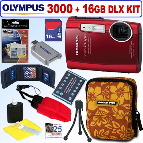 Olympus Stylus Tough 3000 12 MP Digital Camera Red + 16GB Deluxe Accessory Kit