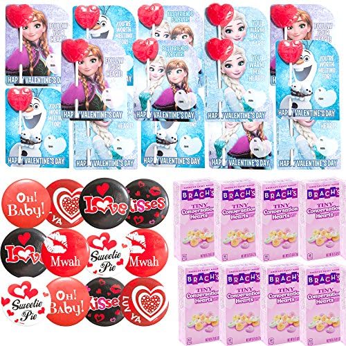Disney Frozen 12 brachs tiny conversation hearts, 12 valentine cards, 12 lollipop and 12 badges gift pack- 48 items total.