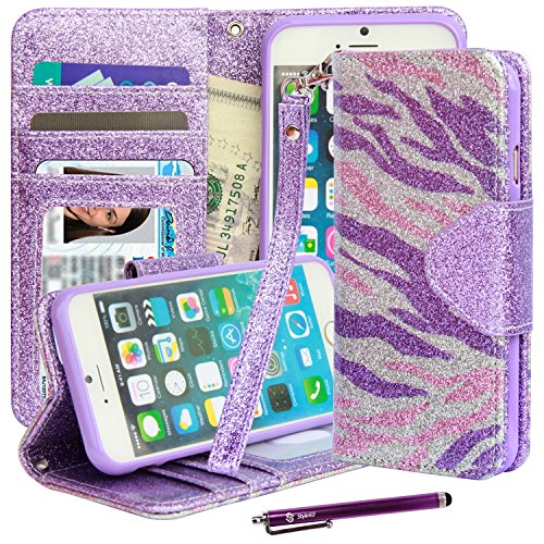 iPhone 6S Case, Style4U [Everlasting Shine] Zebra Design Premium PU Leather Stand Wallet Case with ID Credit Card / Cash Slots for Apple iPhone 6S / 6 + 1 Stylus and 1 Screen Protector [Purple Pink Zebra / Purple]