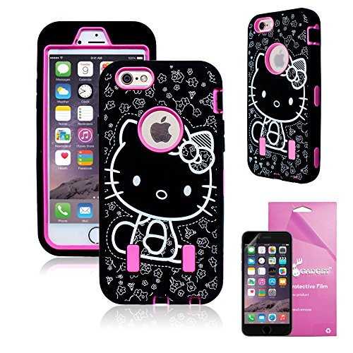 iPhone 6 Heavy Duty Case Kitty, EpicGadget(TM) Black Pink Miss Kitty with Built-In Screen Protector High Impact Rubber Armor Hybrid Hard Case Cover For Apple iPhone 6 [4.7] + HD Clear iPhone 6 4.7 Screen Protector (US Seller!!) (Black Pink Miss Kitty)