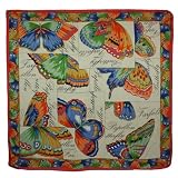 100% Satin Charmeuse Silk Butterfly Garden Colorful Border Square Scarf - Tan
