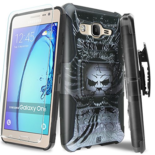 Galaxy On5 Case With TJS® Tempered Glass Screen Protector, Dual Layer Hybrid Shock Absorbing Impact Resist Rugged Kickstand Armor Case with Belt Clip Holster For Samsung Galaxy On5/G550 (Skull)