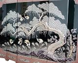 Mother of Pearl Inlay Art Lacquer Finish Crane Bird and Pine Tree Design Luxury Handmade Solid Thick Wood Hall Asian Oriental Furniture Home Decor 6-Panel Folding Screen Room Divider