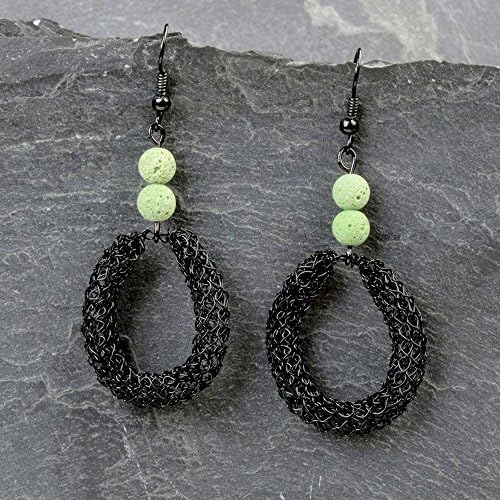 Black teardrop earrings with green lava beads