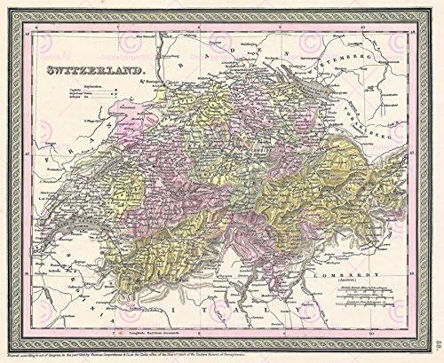 MAP ANTIQUE MITCHELL 1853 SWITZERLAND HISTORIC LARGE REPRO POSTER PRINT PAM1136