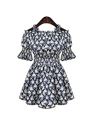 Plus Size Off the Shoulder Puff Sleeves Cotton Bubble Dress Flared-Skirt Elasticized   Waistline Floral Print  Dress