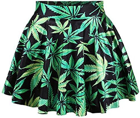 Women's Girls Green Leaf Weed Crop Digital Printed High Waist Mini Skater Skirt