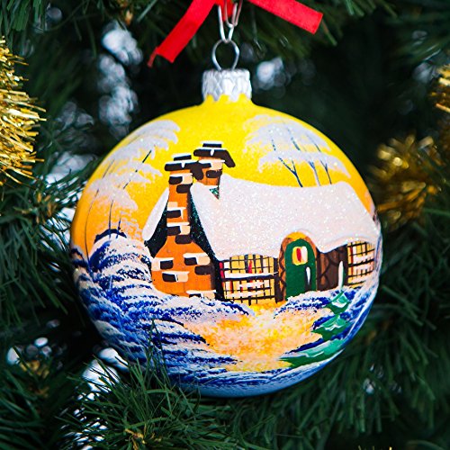 Handpainted Glass Christmas ornaments Tree balls 100mm handmade. New year round ball decoration Xmas 2016 decorations designer collection ornament (Yellow house)