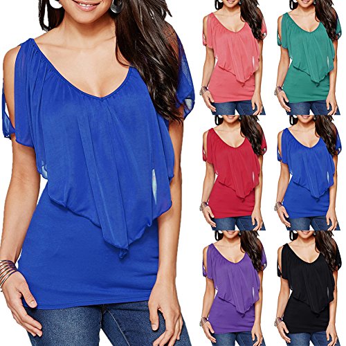 MIOIM® ブラウス レディース Vネック 半袖 オープンショルダー トップス シフォン シャツ 夏 薄款 スリム ベストカジュアル ノースリーブ Tシャツ