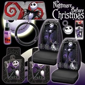 New 9 Pieces Disney Nightmare Before Christmas Jack Skellington Graveyard Car Auto Accessories Interior Combo Kit Gift Set - Front Floor Mats, Seat Covers, Steering Wheel Cover, Large Size Sunshade, Key Chain, Air-freshener and Travel Size Purple Slice