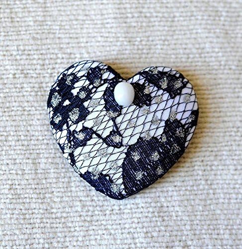 Heart Brooch, Scarf Pin, Heart Jewelry, Fabric Brooch, Black lace, Black and white, Heart brooch pin, Coat pin, Funky Jewelry, White pin
