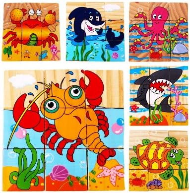 Rollbear Wooden 9 pcs Cube Puzzles Kids Best Blocks for 2 3 4 Years Old Toddlers Kids ... (Third Ocean Animals)