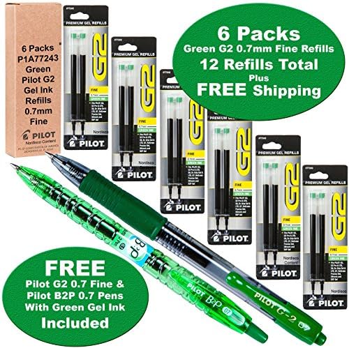 Pilot G2 Refills, Green Gel Ink, 0.7mm Fine Pt, 6 Packs of Refills Plus 1 Pilot G2 0.7 Fine Pt. Green Ink Pen and 1 Pilot B2p Green Ink Pen