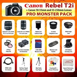 Canon EOS Rebel T2i SLR Digital Camera Kit with Canon 18-55mm Is Lens Canon 55-250mm Is Lens Huge Accessories Package Including Wide Angle Macro Lens 2x Telephoto 3 Pc Filter KIT 2x Extended Life Batteries Hdmi Cable 32gb Sdhc Memory Card Soft Carrying Case Tripod Much More 