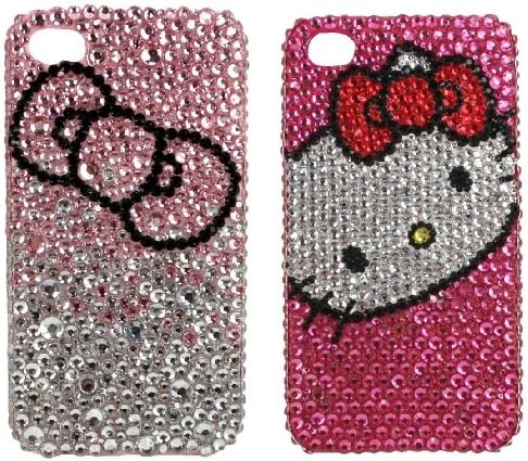 TWO Crystal Bling Rhinestone Case Cover Bumper Hello Pretty Kitty Hot Pink and Big Bow Bonus Home Bling Button