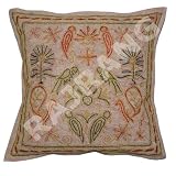 Fantastic Birds Design Cushion Pillow Cover with Sequins Thread Embroidery & Zari Work Brown Color Cotton Cushion Cover Throw Pillow Cover Comforter Sets India (Size 16x16) (5 Pcs)