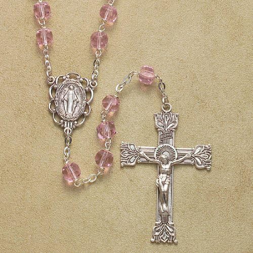 Sterling Silver Rosary Rosaries Catholic Tin Cut Cube Crystal Light Rose Pink