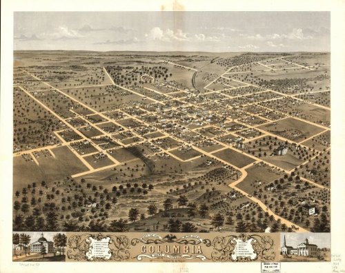 Bird's eye view of the city of Columbia, Boone Co., Missouri 1869. Drawn by A. Ruger., large historic panoramic map reprint 45x36