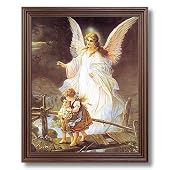 Guardian Angel With Children On Bridge Religious Home Decor Wall Picture Cherry Framed Art Print