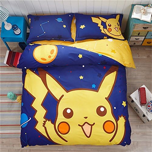 FaloUM Home Bedding Sets No Comforter,100% Cotton Pikachu Print Kids Duvet Cover Queen Twin Size Picacho Bedlinen,Twin Size 3Pc