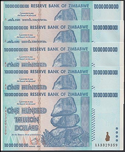 Zimbabwe 100 Trillion Dollars X 5 Pieces, AA/2008 Series, UNC, Currency 50 & 100 Trillion Series