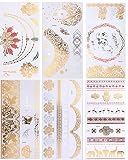 TAFLY Flower Necklace Elephant Multi Design Arm Metallic Gold Silver Temporary Bling Tattoos 6 Sheets