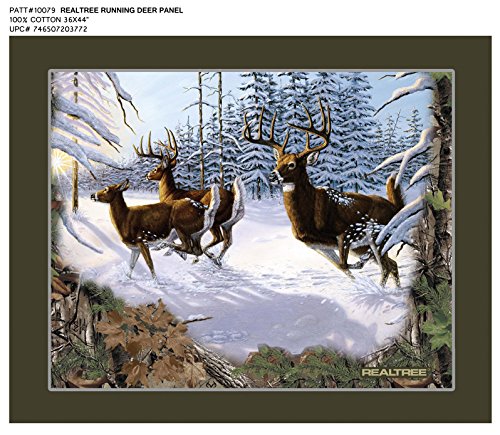 REALTREE COTTON FABRIC SOLD BY THE PANEL-REAL TREE COTTON FABRIC-REALTREE WINTER SCENE RUNNING DEER COTTON FABRIC PANEL