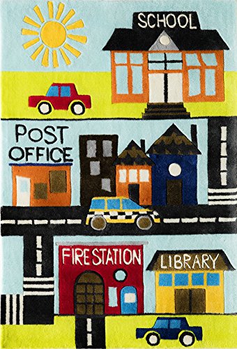 Momeni Rugs Lil' Mo Whimsy Collection, Kids Themed Hand Carved & Tufted Area Rug, 4' x 6', Town Scene
