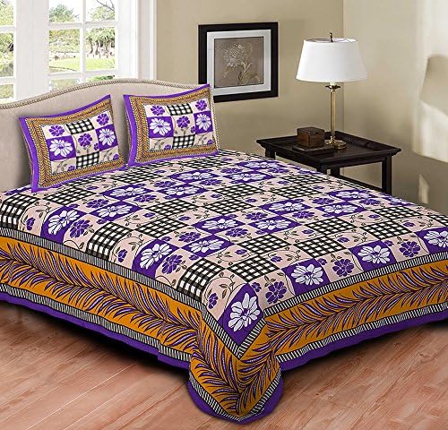 Jaipuri Cotton Sanganeri Printed Double Bedsheet With 2 Pillow Cover - Orange, AOB37