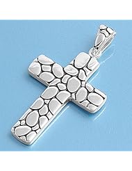Sterling Silver Rock Cross Pendant Christian Faith Love Charm Solid 925 New 32mm with 1.5mm Ball Bead Chain