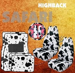 9pc Safari White Cow Print Car Floor Mats, High Back Seat Covers, Steering Wheel Cover & Shoulder Pad Set