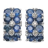 1.95 Carat Genuine Blue Sapphire and Diamond Accents Double-Row Silver Earrings