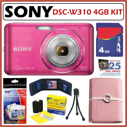 Sony DSCW310 DSC-W310 12.1MP Digital Camera with 4x Wide Angle Zoom featuring a 2.7-inch LCD in Pink + 4GB Accessory Kit