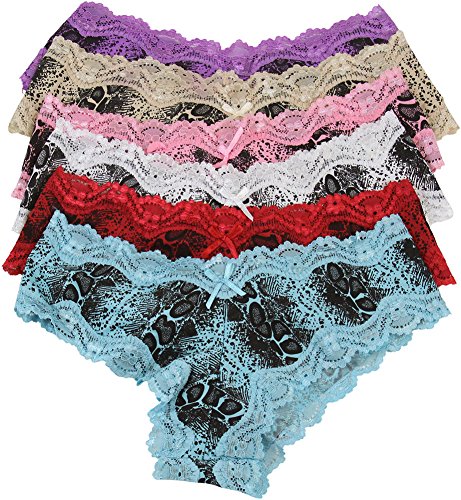 ToBeInStyle Women's Pack of 6 Panties in Snakeskin Print with Lace