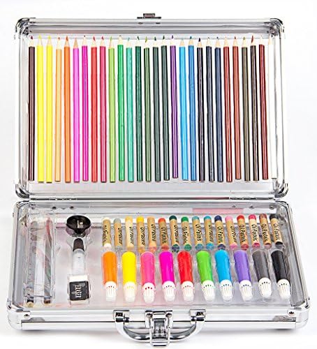 HENGJIA ARTIST MATERIAL 60-Piece Studio Art & Craft Supplies Set in Aluminum Hand-Carry Painting Box Set, Mark Pens, Oil Pastels, Color Pencils, Oil Pastel, B&HB SketchPencil, Rlue & Glue & Sharpener & Eraser Set, Perfect Combination of Secret Garden