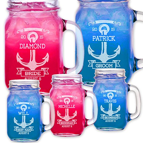ONE Wedding Beach Anchor Personalized Clear Glass Mason Jar Drinking Mug with Handle Engraved Custom Etched with Name Date and Wedding Title Engagement Anniversary Bridal Party Gift or a Favor Idea for Groomsmen Bridesmaids Gifts Etched Gift Idea