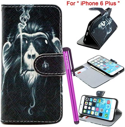 BeeShine Retail Package Card Holder PU Leather Flip Stand " iPhone 6 Plus " Wallet Case Flap Pouch Cover Skin for Apple iPhone 6 Plus (5.5 inch) + Screen Protector & Touch Stylus Pen (Black Smoking Monkey Pattern)