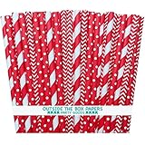 Outside the Box Papers Red Stripe, Chevron and Polka Dot Paper Straws 7.75 Inches 75 Pack Red, White