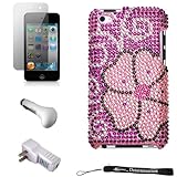 Pink Flower Luxury Design Premium Crystal Shiny Rhinestone Carrying Cover Protective Case for New Apple iPod Touch 4 ( 4th Generation 8GB, 16GB, 32GB ) + Includes a Anti Glare Screen Protector + Includes a USB Home Charger Kit, with Power Indicator and over charge protection + Includes a USB Travel Car Charger with LED Power Indicator and Overcharge Protection.